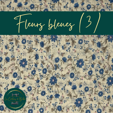 Motif floral avec des fleurs bleues sur fond clair et des touches de couleur.