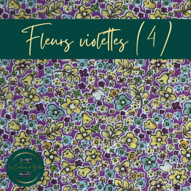 Motif floral coloré avec des fleurs violettes, vertes et jaunes sur fond clair.