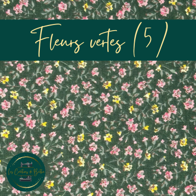 Motif floral avec des fleurs roses et jaunes sur un fond vert.