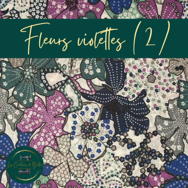 Motif de fleurs violettes et multicolores sur fond clair.