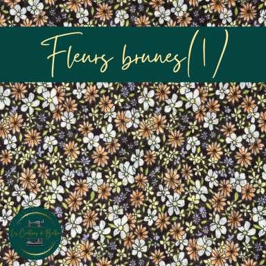 Motif floral illustrant des fleurs brunes et blanches sur fond noir.