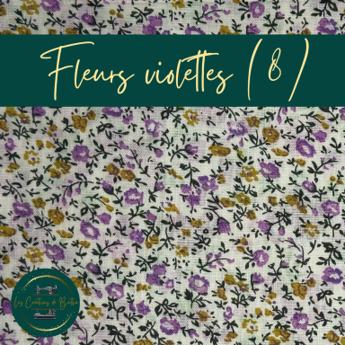 Motif floral avec des fleurs violettes et jaunes sur fond blanc.