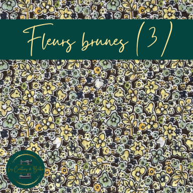 Motif floral avec des fleurs brunes sur fond noir et touches de jaune.