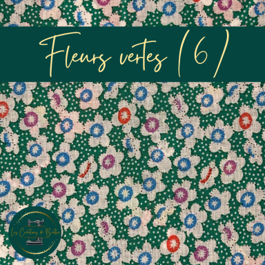 Motif floral avec des fleurs vertes et des touches de bleu et rouge sur fond coloré.