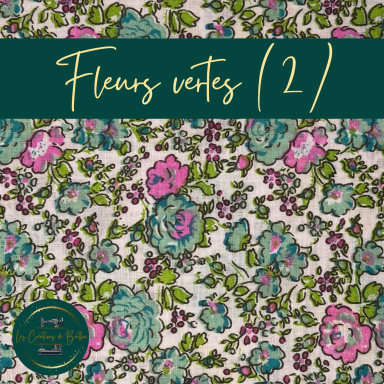 Motif floral avec fleurs vertes et roses sur fond clair.