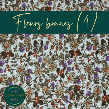 Tissu blanc avec motifs de fleurs brunes, rouges et violettes.